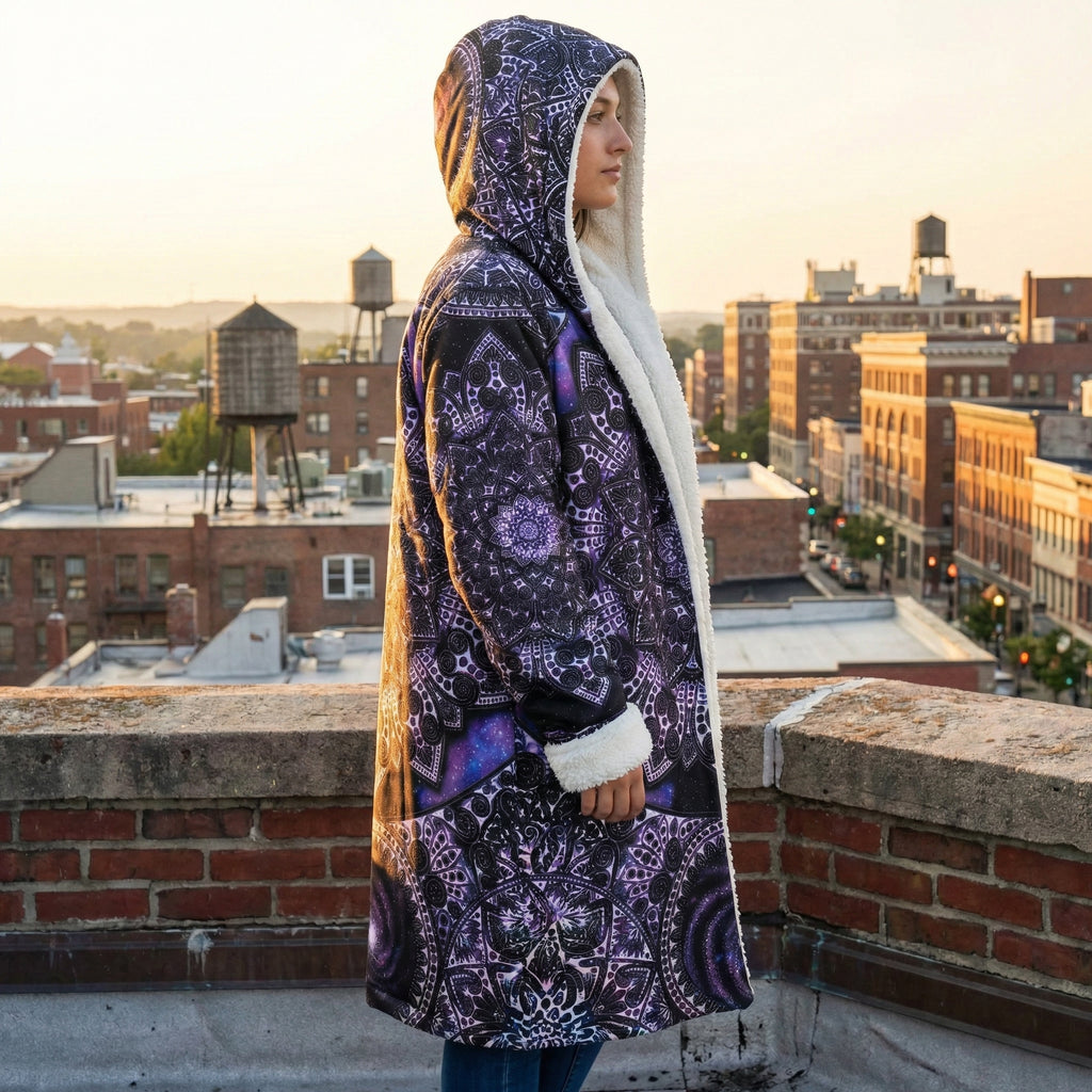 Mandala Cloak with Galactic, Hooded Coat, Sherpa Lined Winter Jacket, Cosmic Geometric Outerwear