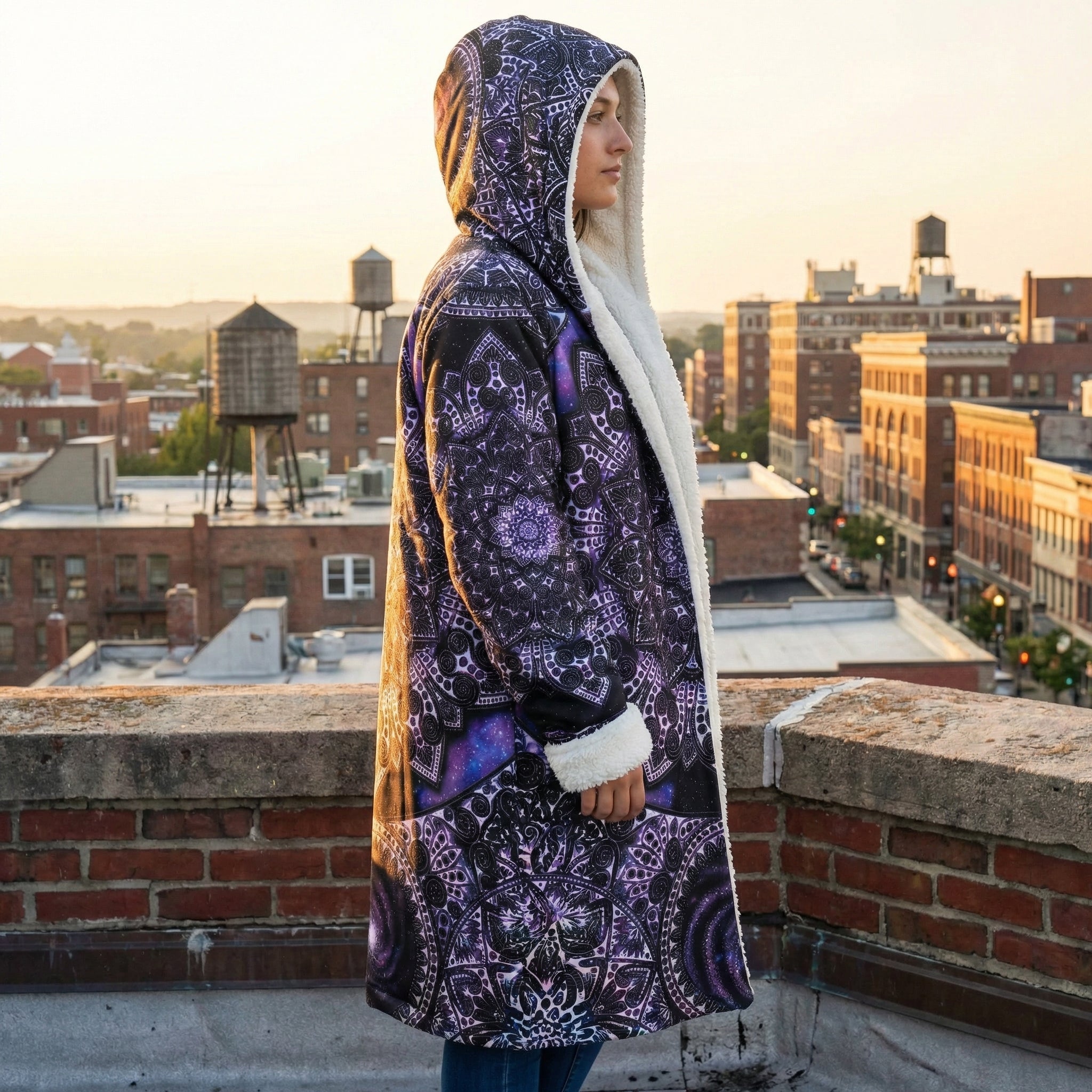 Mandala Cloak with Galactic, Hooded Coat, Sherpa Lined Winter Jacket, Cosmic Geometric Outerwear
