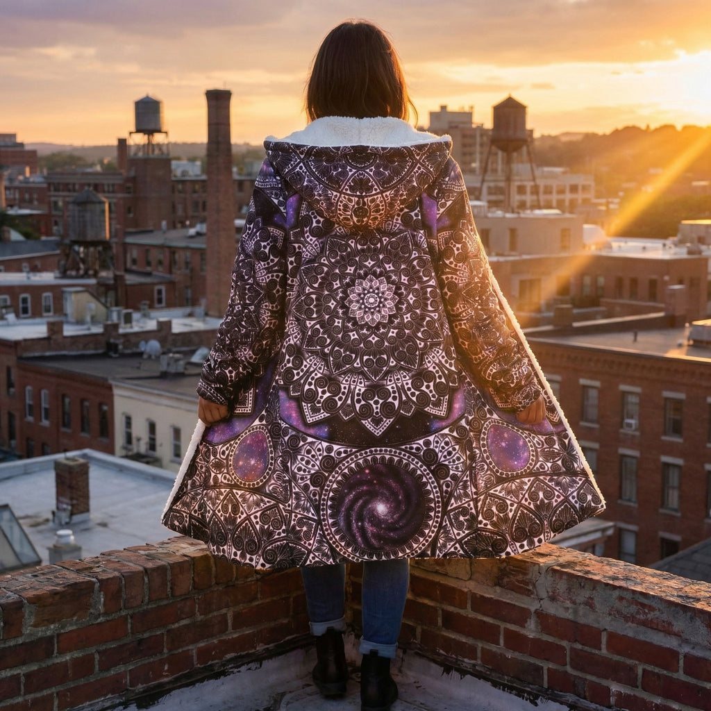 Mandala Cloak with Galactic, Hooded Coat, Sherpa Lined Winter Jacket, Cosmic Geometric Outerwear
