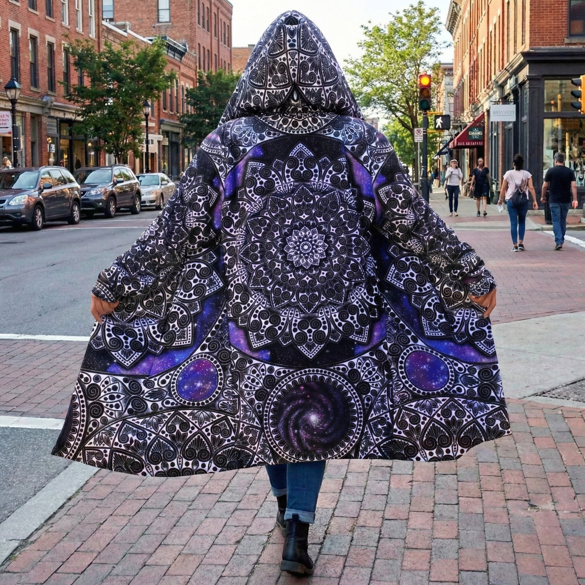 Mandala Cloak with Galactic, Hooded Coat, Sherpa Lined Winter Jacket, Cosmic Geometric Outerwear