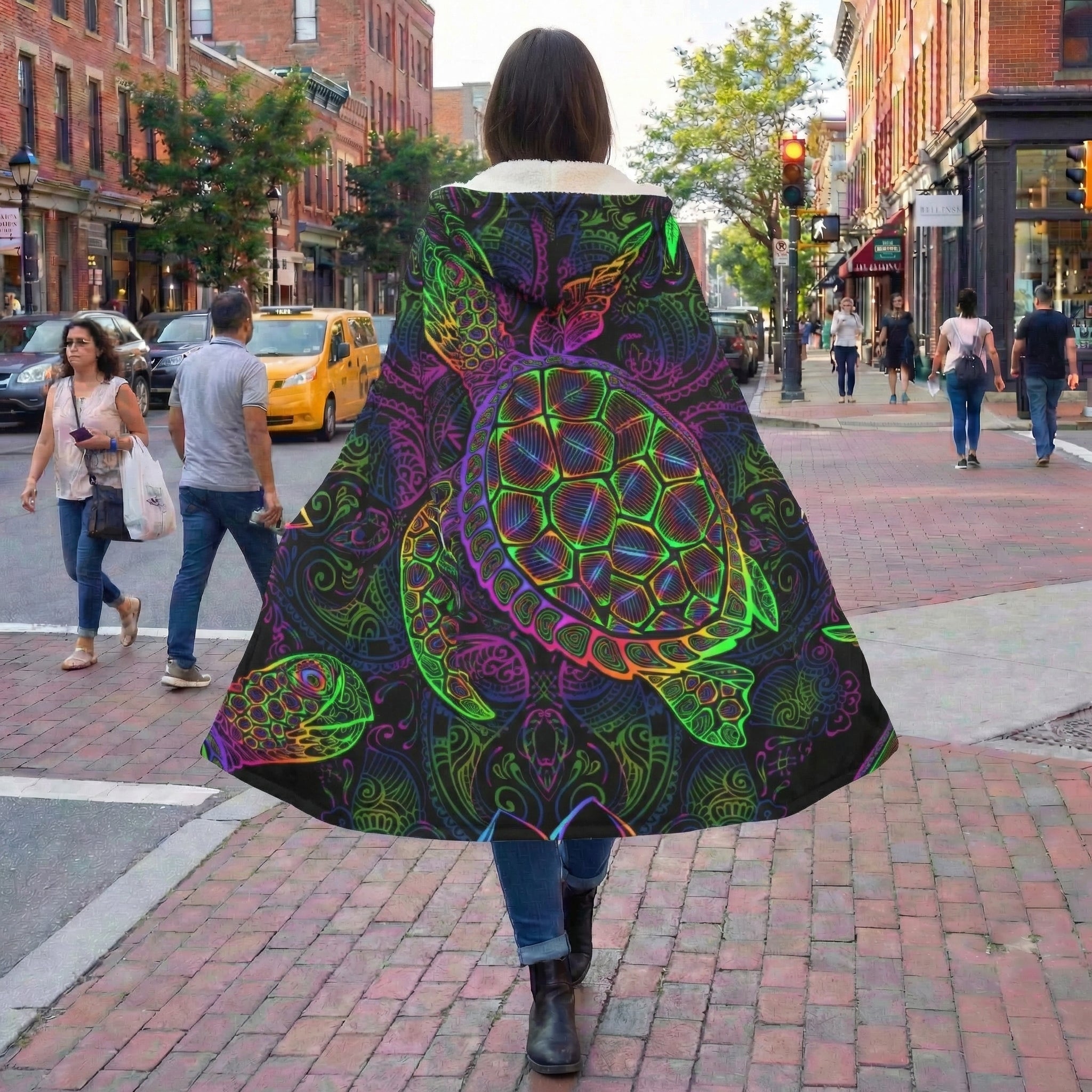 Mandala Cloak with Neon Turtle, Colorful Psychedelic Hooded Coat, Sherpa Lined Winter Jacket, Bohemian Spirit Coat, Vibrant Geometric Outerwear