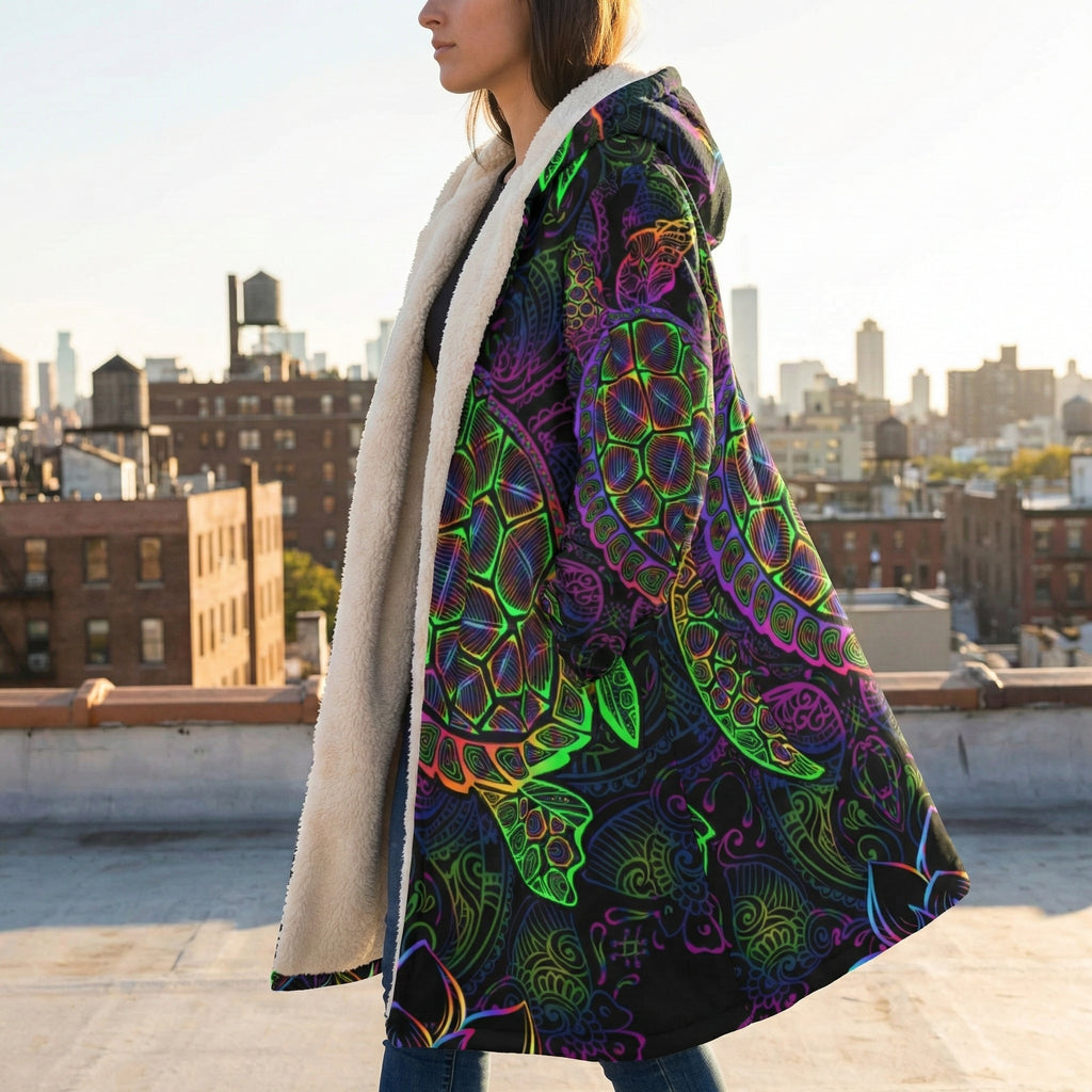 Mandala Cloak with Neon Turtle, Colorful Psychedelic Hooded Coat, Sherpa Lined Winter Jacket, Bohemian Spirit Coat, Vibrant Geometric Outerwear