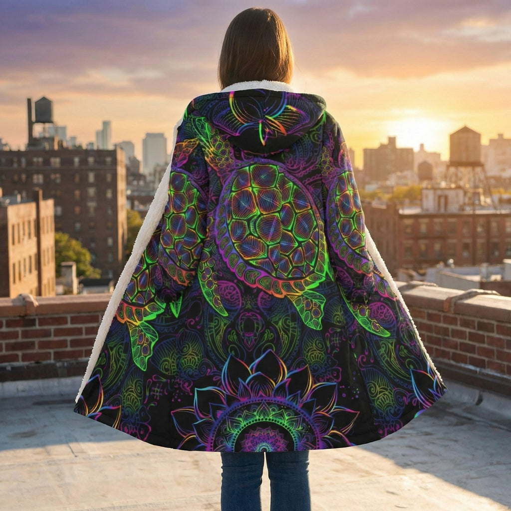 Mandala Cloak with Neon Turtle, Colorful Psychedelic Hooded Coat, Sherpa Lined Winter Jacket, Bohemian Spirit Coat, Vibrant Geometric Outerwear