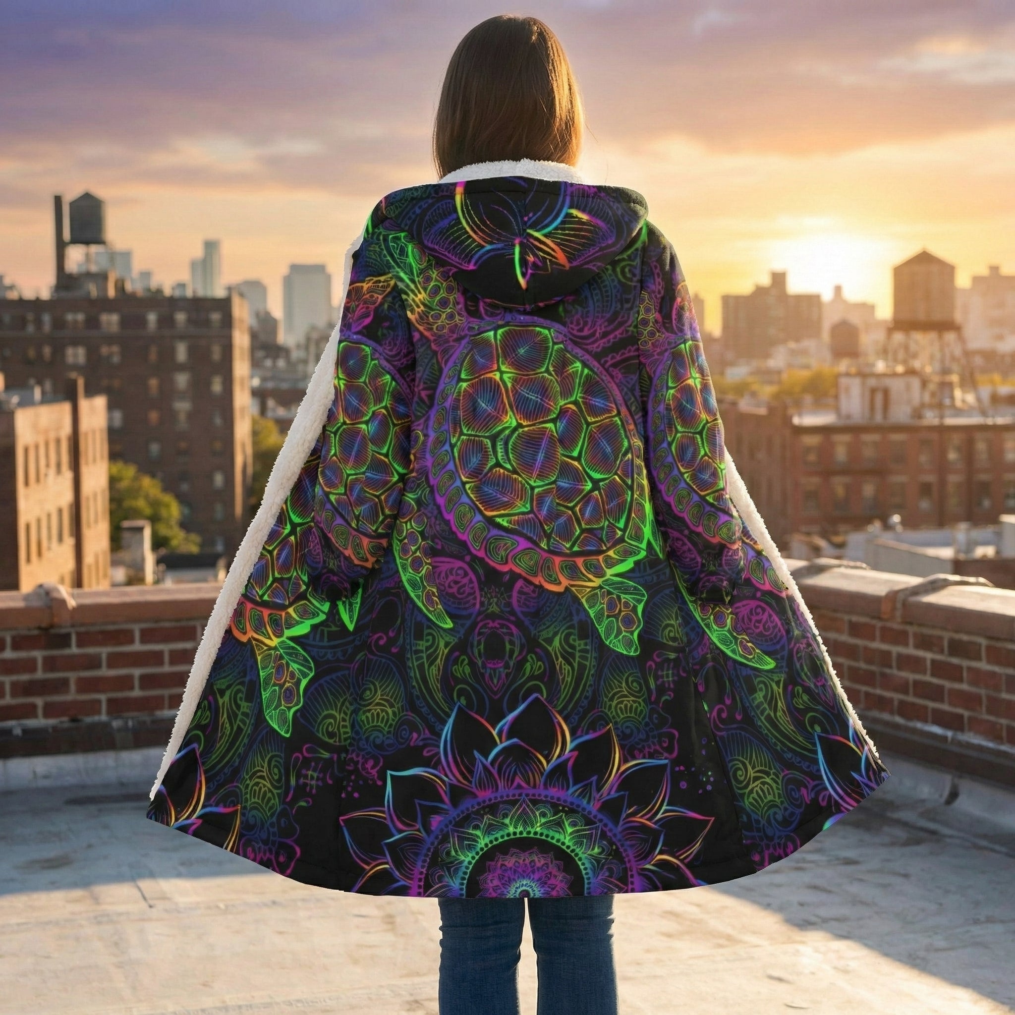 Mandala Cloak with Neon Turtle, Colorful Psychedelic Hooded Coat, Sherpa Lined Winter Jacket, Bohemian Spirit Coat, Vibrant Geometric Outerwear