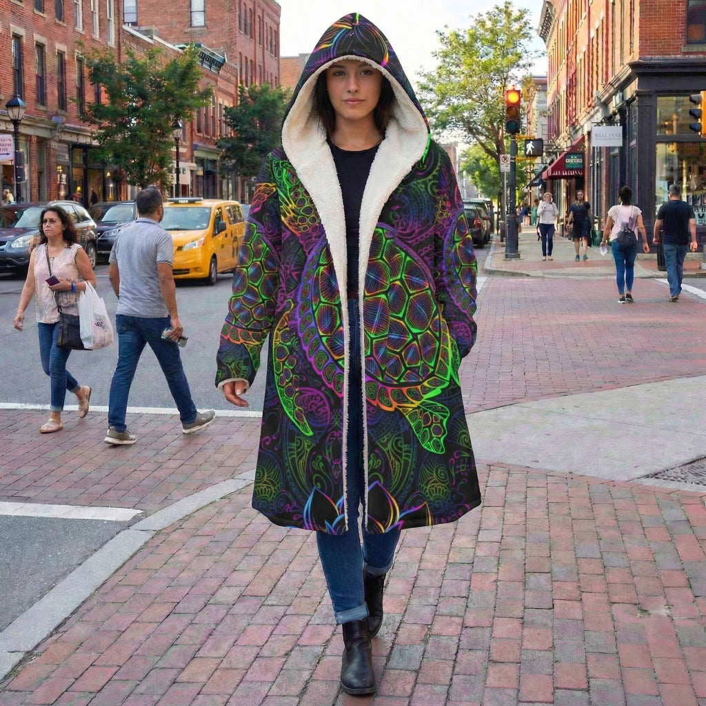 Mandala Cloak with Neon Turtle, Colorful Psychedelic Hooded Coat, Sherpa Lined Winter Jacket, Bohemian Spirit Coat, Vibrant Geometric Outerwear