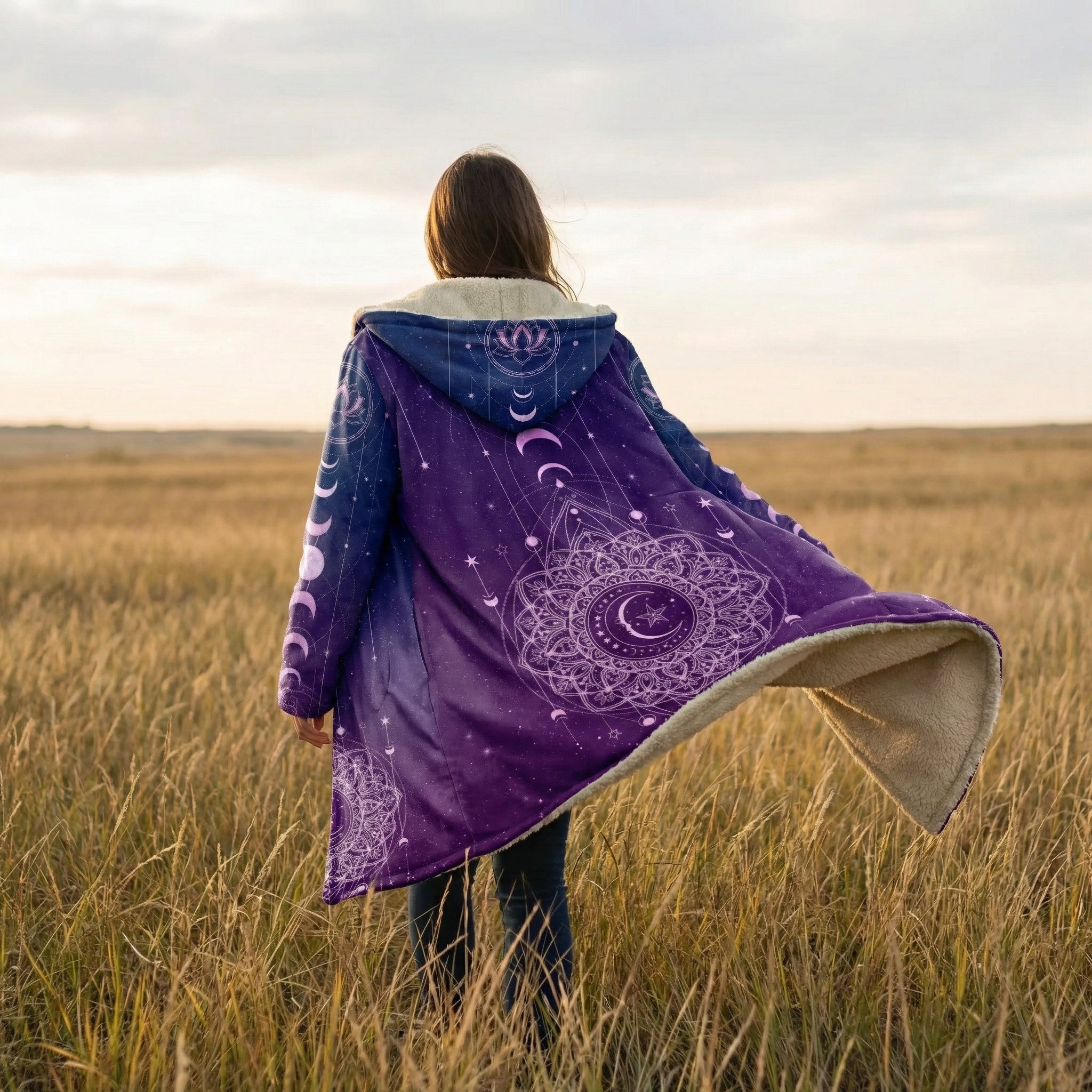 Mandala Purple Cloak with Sherpa Lining, Celestial Patterned Hooded Coat, Bohemian Spirit Jacket, Starry Geometric Design, Winter Coat