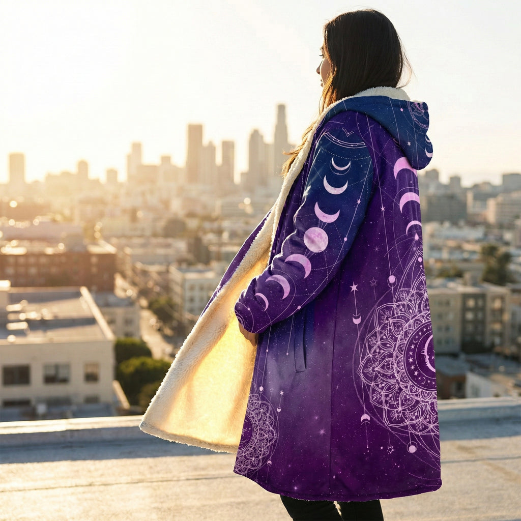 Mandala Purple Cloak with Sherpa Lining, Celestial Patterned Hooded Coat, Bohemian Spirit Jacket, Starry Geometric Design, Winter Coat