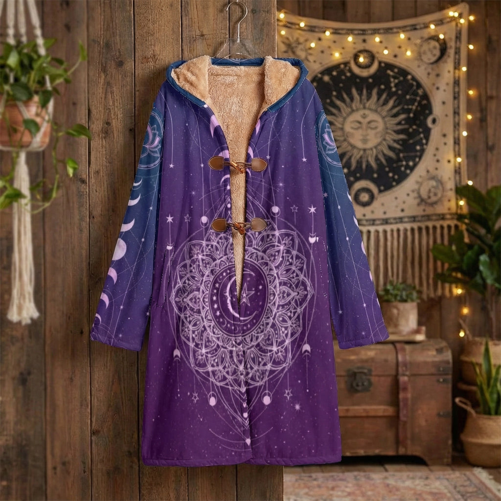 Mandala Purple Cloak with Sherpa Lining, Celestial Patterned Hooded Coat, Bohemian Spirit Jacket, Starry Geometric Design, Winter Coat