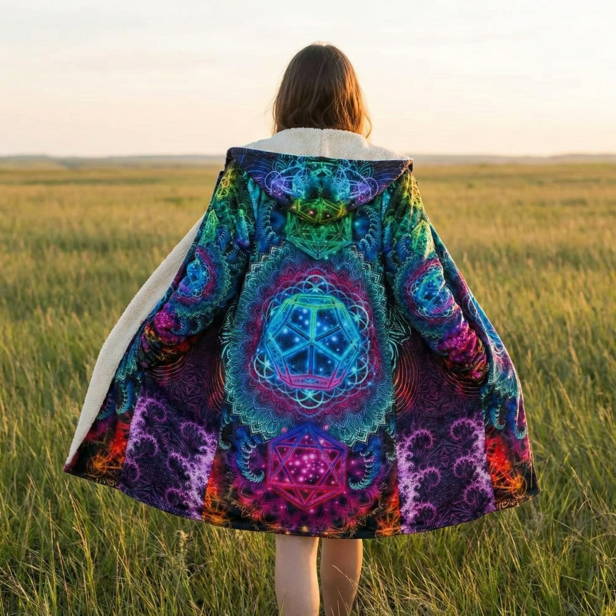 Mandala Colorful Hoodie Cloak, Psychedelic Patterned Coat with Sherpa Lining, Bohemian Style Winter Jacket, Hooded Cloak, Vibrant Geometric