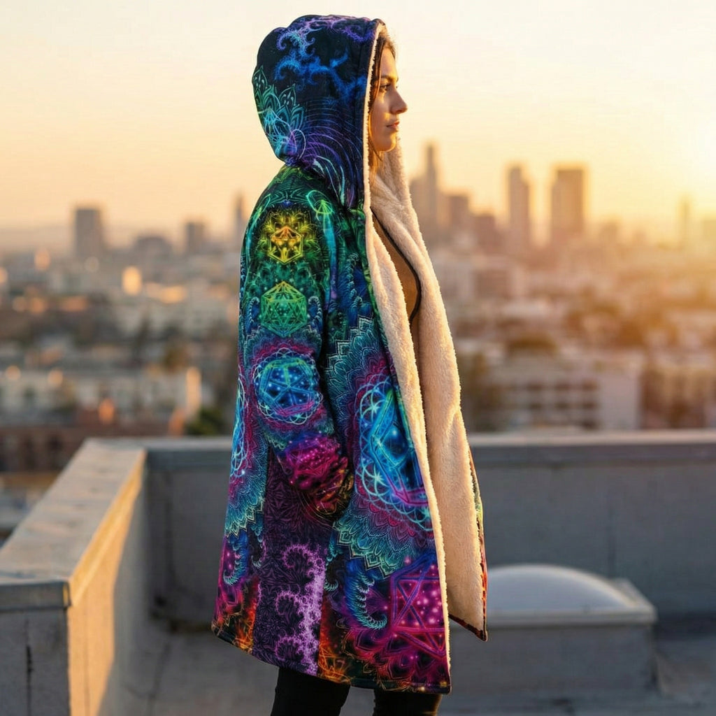 Mandala Colorful Hoodie Cloak, Psychedelic Patterned Coat with Sherpa Lining, Bohemian Style Winter Jacket, Hooded Cloak, Vibrant Geometric