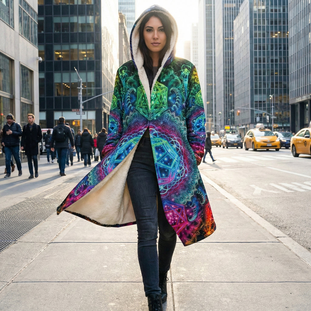 Mandala Colorful Hoodie Cloak, Psychedelic Patterned Coat with Sherpa Lining, Bohemian Style Winter Jacket, Hooded Cloak, Vibrant Geometric