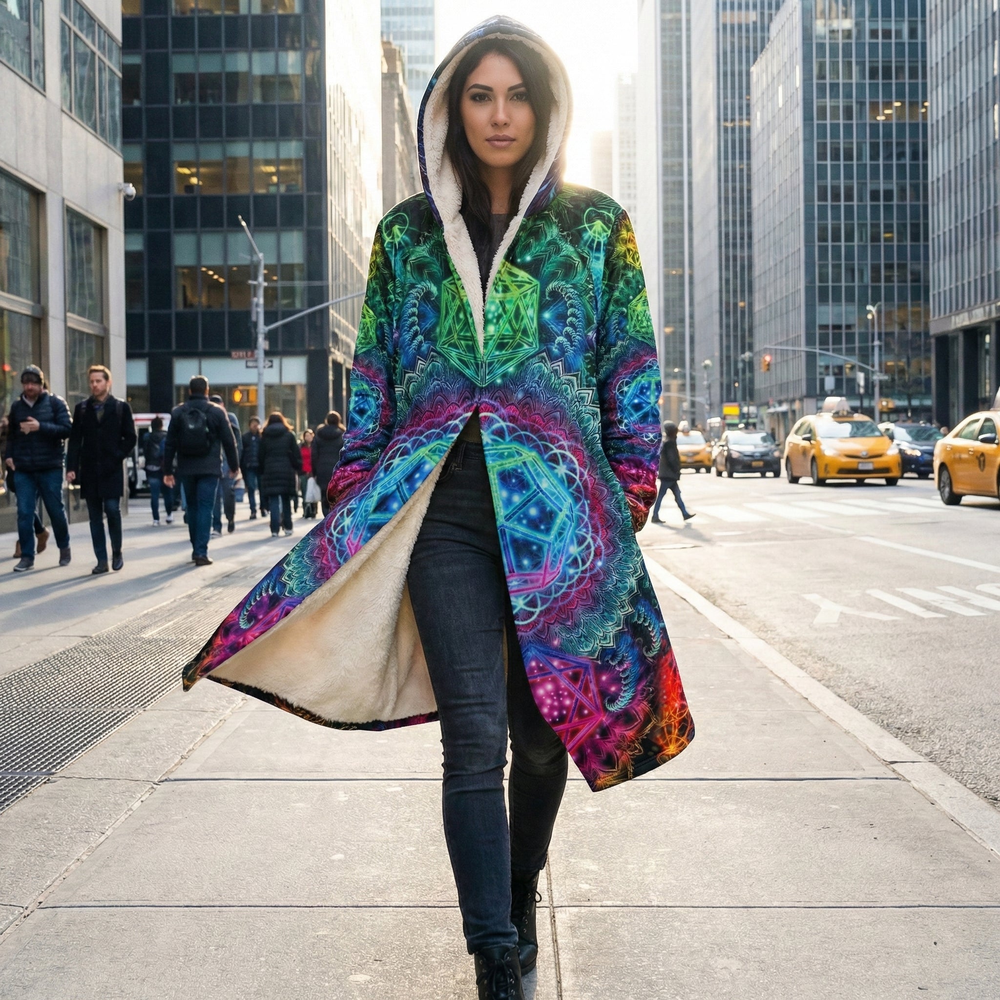 Mandala Colorful Hoodie Cloak, Psychedelic Patterned Coat with Sherpa Lining, Bohemian Style Winter Jacket, Hooded Cloak, Vibrant Geometric