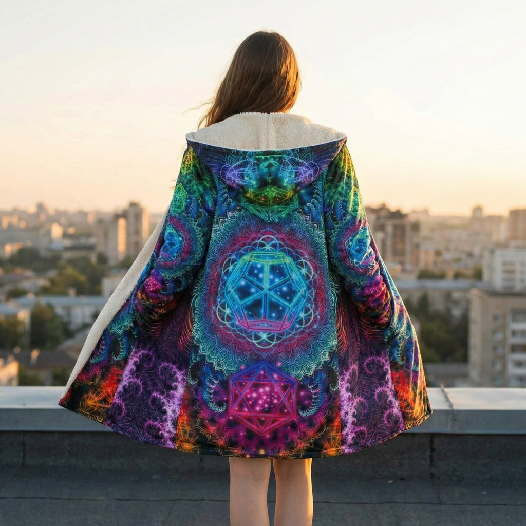 Mandala Colorful Hoodie Cloak, Psychedelic Patterned Coat with Sherpa Lining, Bohemian Style Winter Jacket, Hooded Cloak, Vibrant Geometric