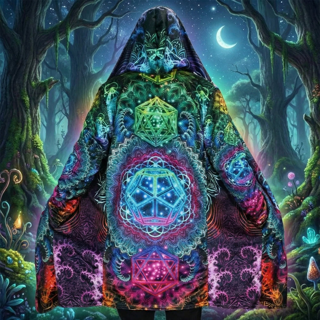 Mandala Colorful Hoodie Cloak, Psychedelic Patterned Coat with Sherpa Lining, Bohemian Style Winter Jacket, Hooded Cloak, Vibrant Geometric