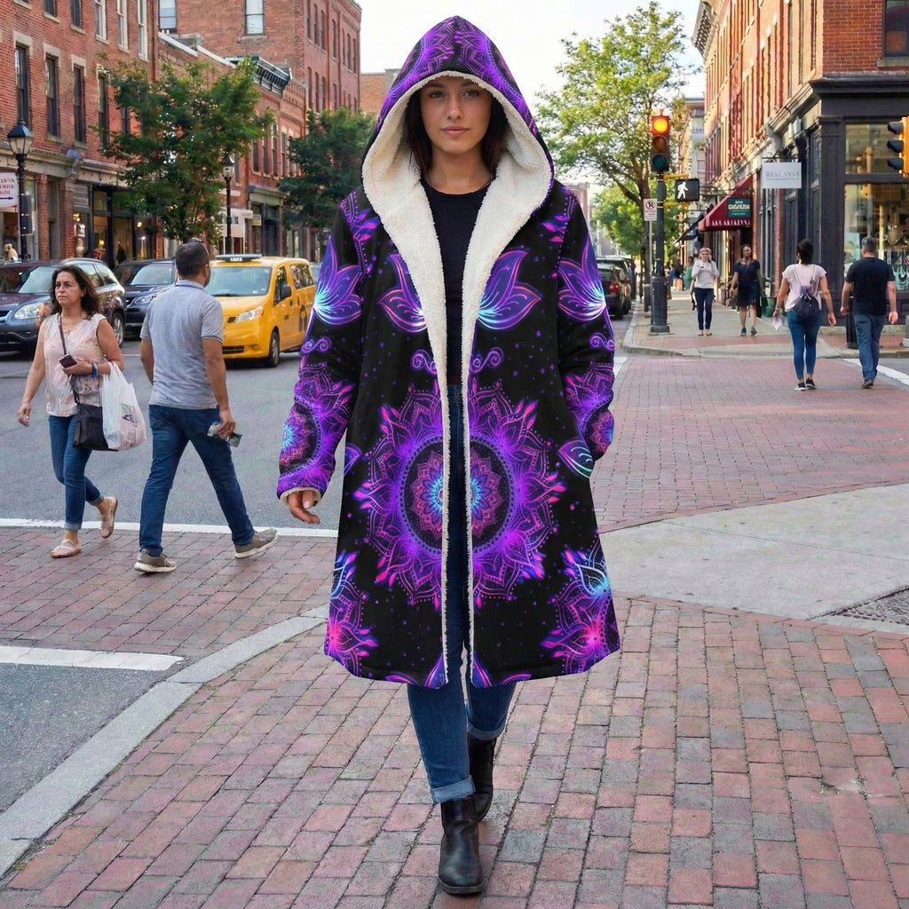 Mandala Starlight Cloak with Floral, Vibrant Purple Psychedelic Hooded Coat, Sherpa Lined Winter Jacket, Bohemian Geometric Outerwear