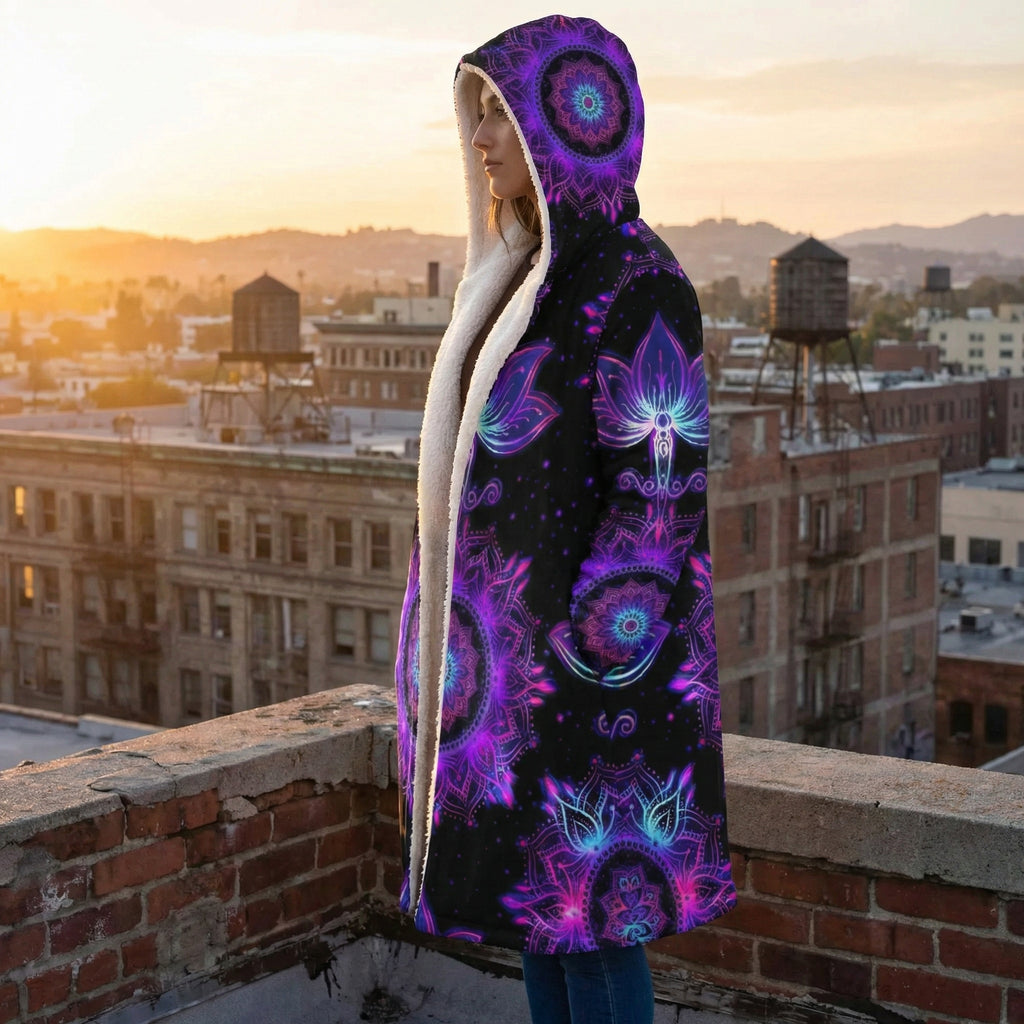Mandala Starlight Cloak with Floral, Vibrant Purple Psychedelic Hooded Coat, Sherpa Lined Winter Jacket, Bohemian Geometric Outerwear