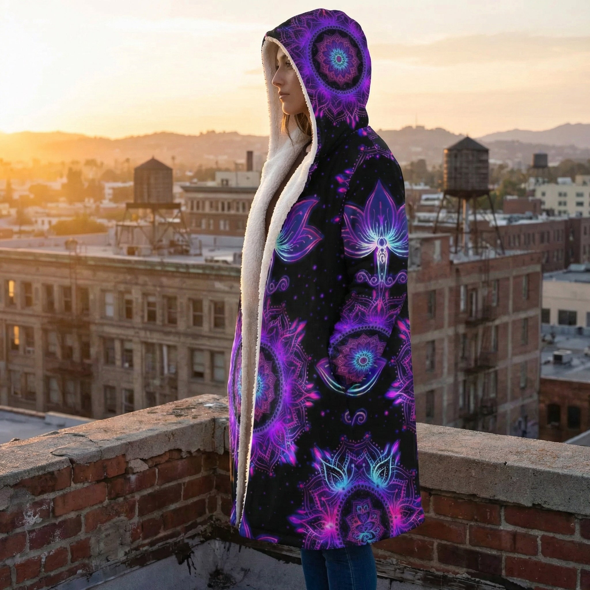 Mandala Starlight Cloak with Floral, Vibrant Purple Psychedelic Hooded Coat, Sherpa Lined Winter Jacket, Bohemian Geometric Outerwear