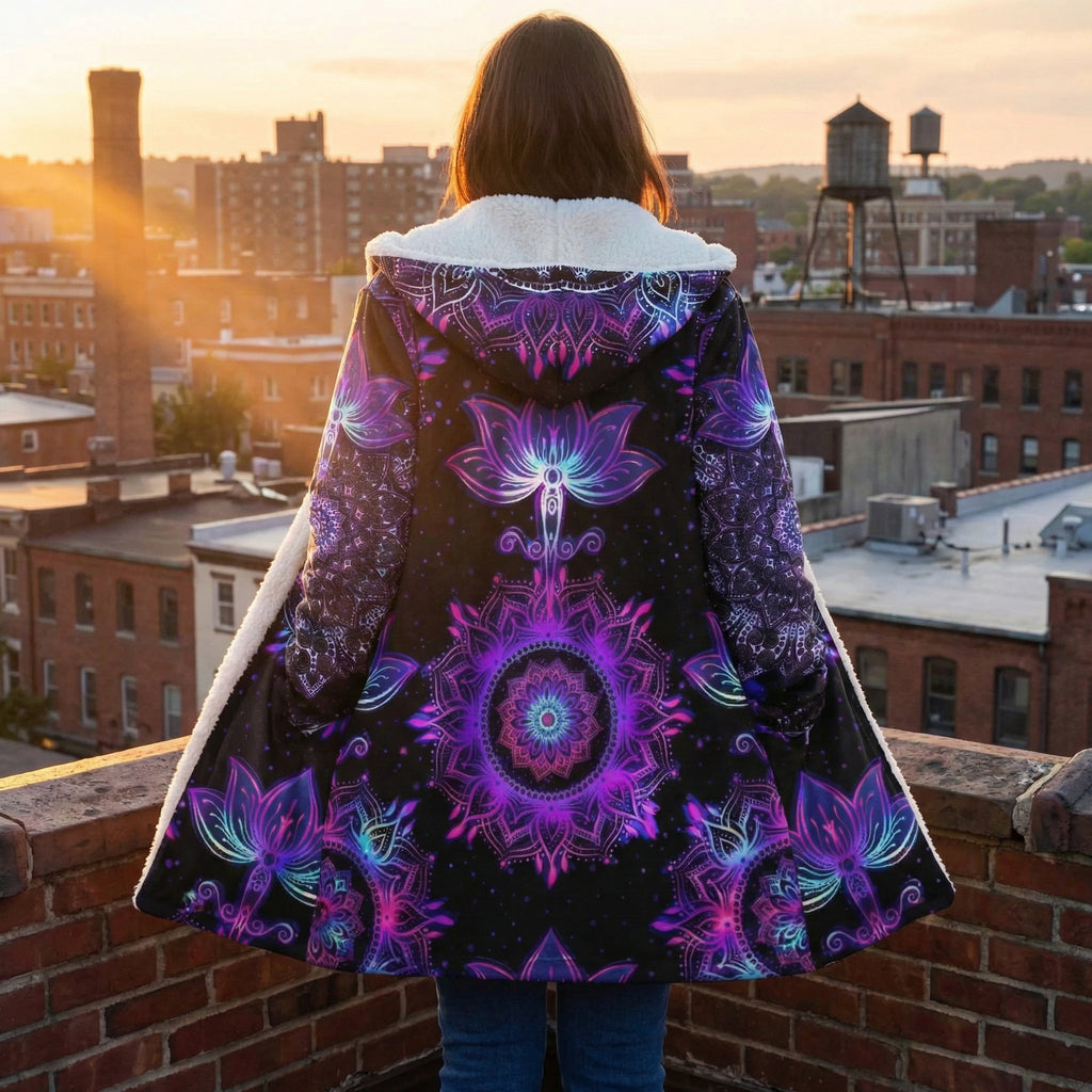 Mandala Starlight Cloak with Floral, Vibrant Purple Psychedelic Hooded Coat, Sherpa Lined Winter Jacket, Bohemian Geometric Outerwear