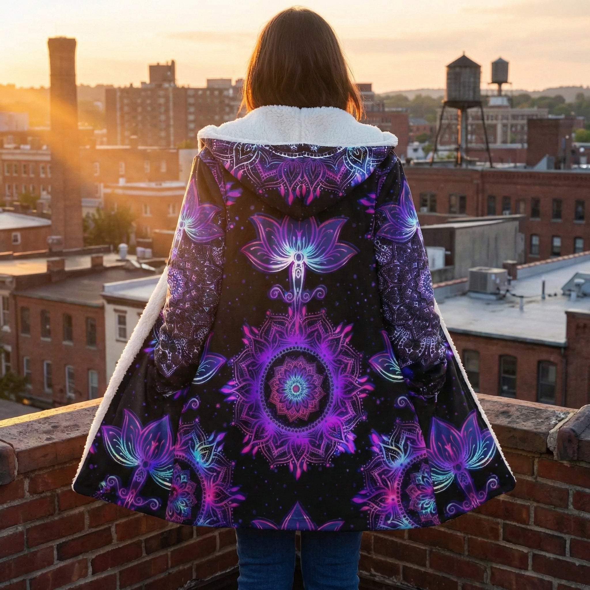 Mandala Starlight Cloak with Floral, Vibrant Purple Psychedelic Hooded Coat, Sherpa Lined Winter Jacket, Bohemian Geometric Outerwear