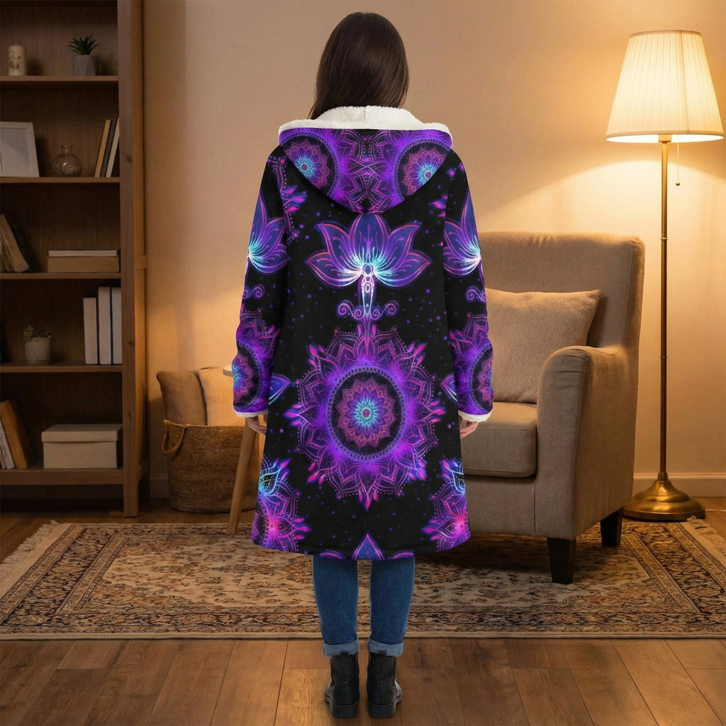 Mandala Starlight Cloak with Floral, Vibrant Purple Psychedelic Hooded Coat, Sherpa Lined Winter Jacket, Bohemian Geometric Outerwear