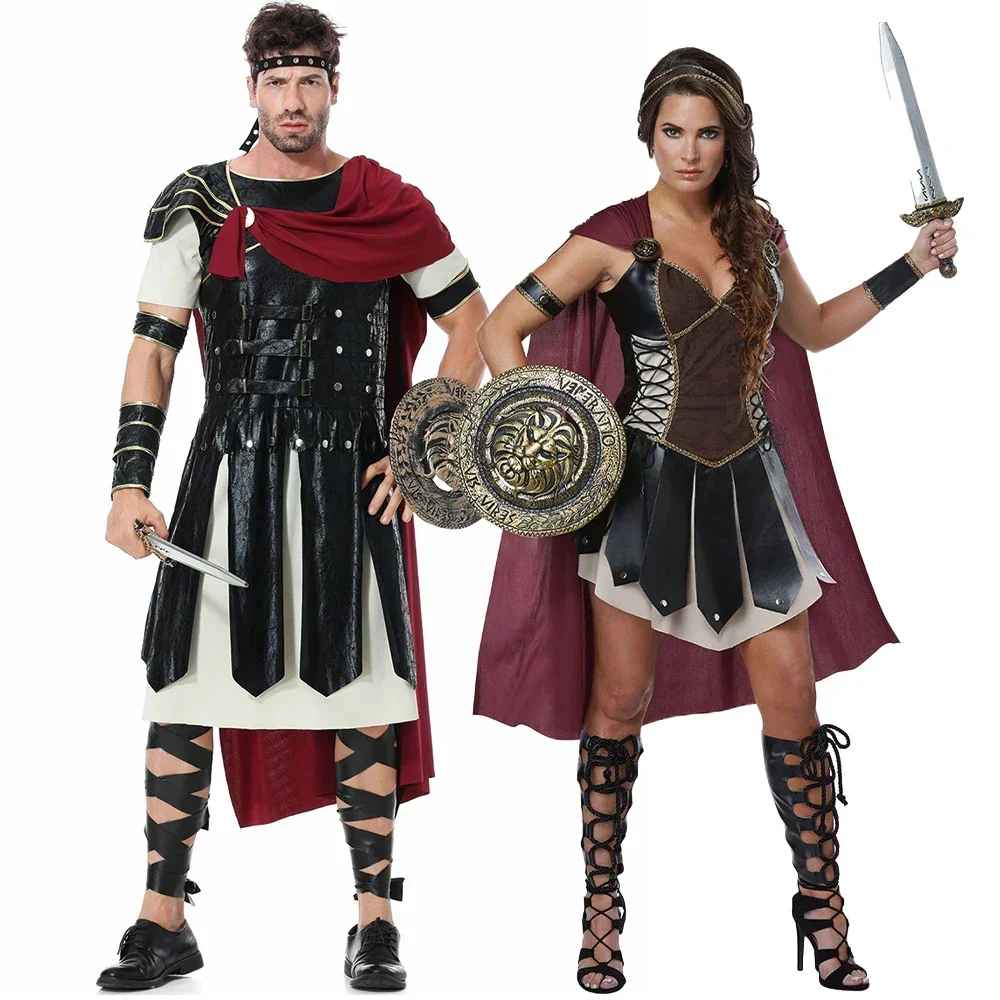 Halloween Costumes, Woman & Men's Roman Gladiator Warrior Costume, Medieval Knight Halloween Outfit, Royal Soldier Cosplay Cloak for Adult Carnival Dress Up