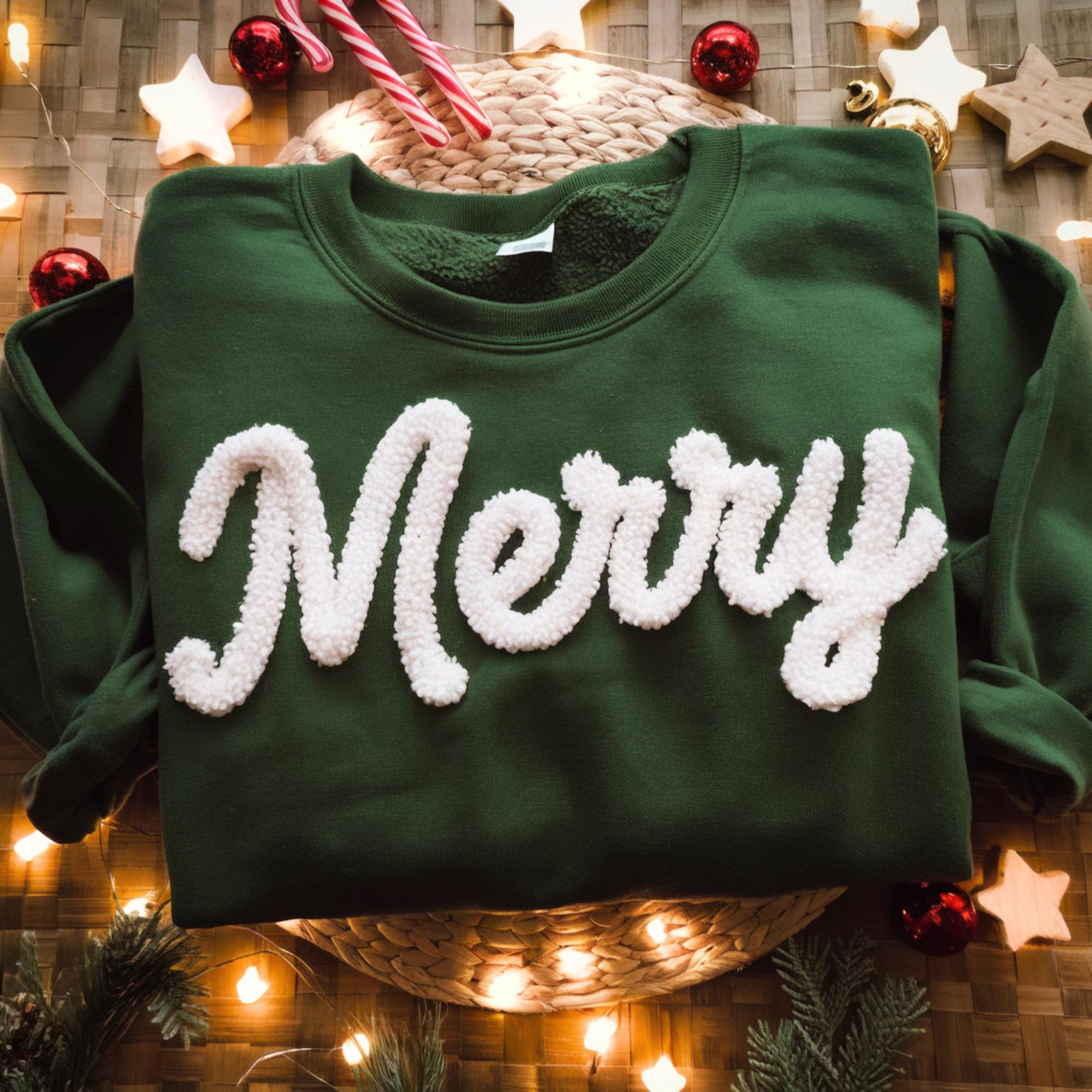 Merry Christmas Chenille Yarn Embroidered Sweatshirt, Christmas Embroidered Shirt, Merry and Bright Shirt, Holiday Style, Christmas Gift