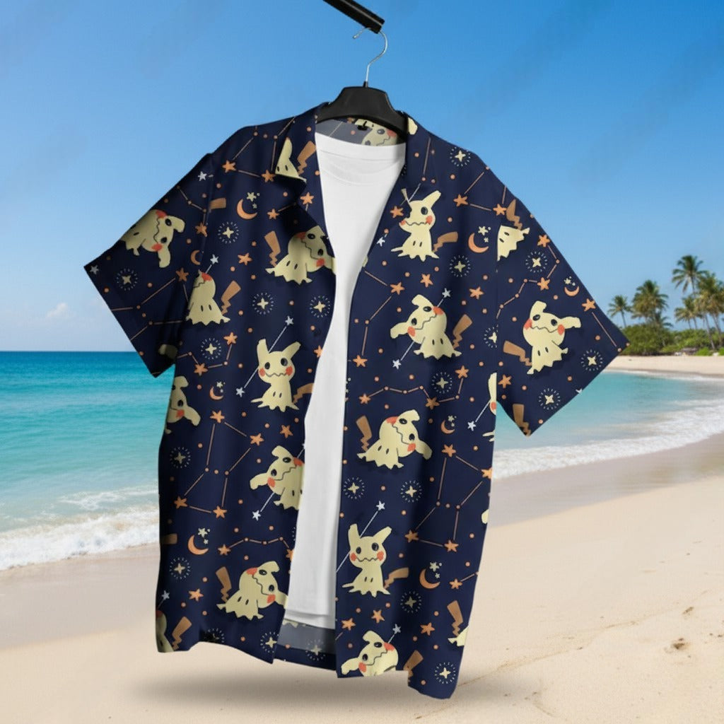 Mimikyu Hawaiian Shirt - Tropical Button-Up Shirt, Summer Beach Shorts