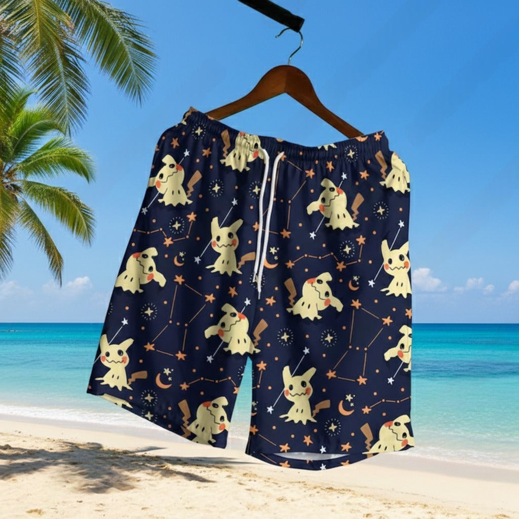 Mimikyu Hawaiian Shirt - Tropical Button-Up Shirt, Summer Beach Shorts