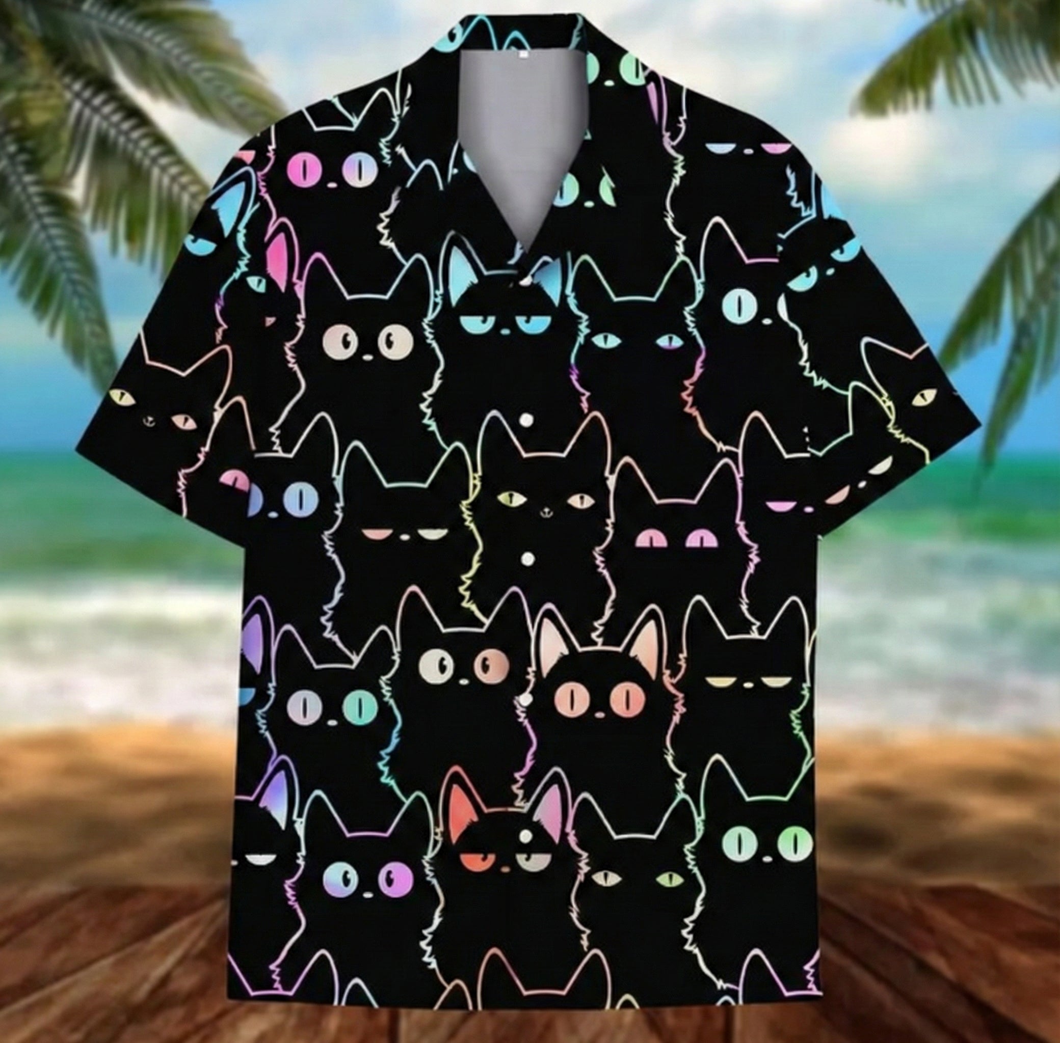 Neon Cat Hawaiian Shirt - Aloha Shirt with Sunglasses & Headphones, Fun Gift for Cat Lovers