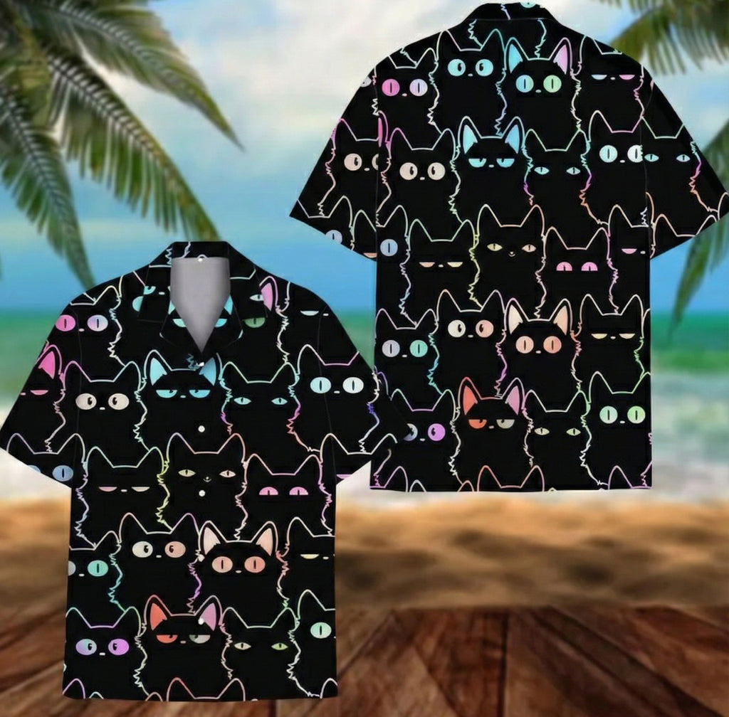 Neon Cat Hawaiian Shirt - Aloha Shirt with Sunglasses & Headphones, Fun Gift for Cat Lovers