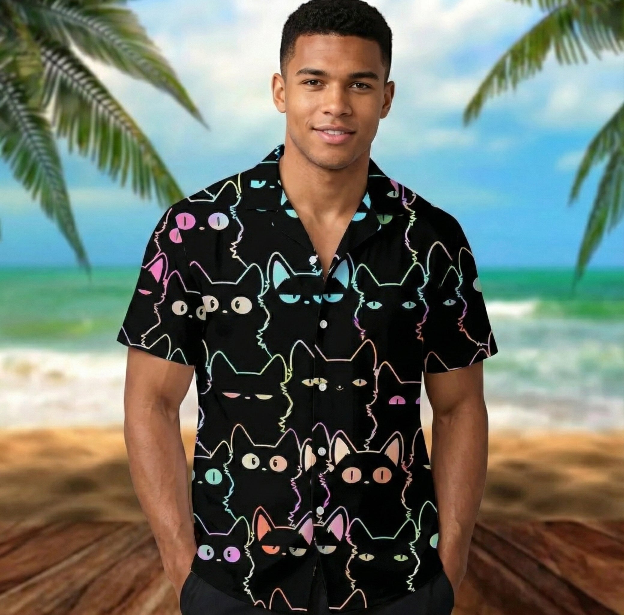 Neon Cat Hawaiian Shirt - Aloha Shirt with Sunglasses & Headphones, Fun Gift for Cat Lovers