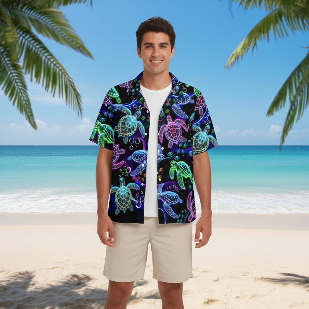 Neon Sea Turtle Tropical Hawaiian Shirt – Summer Beach Button-Up