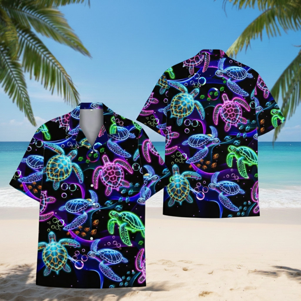 Neon Sea Turtle Tropical Hawaiian Shirt – Summer Beach Button-Up