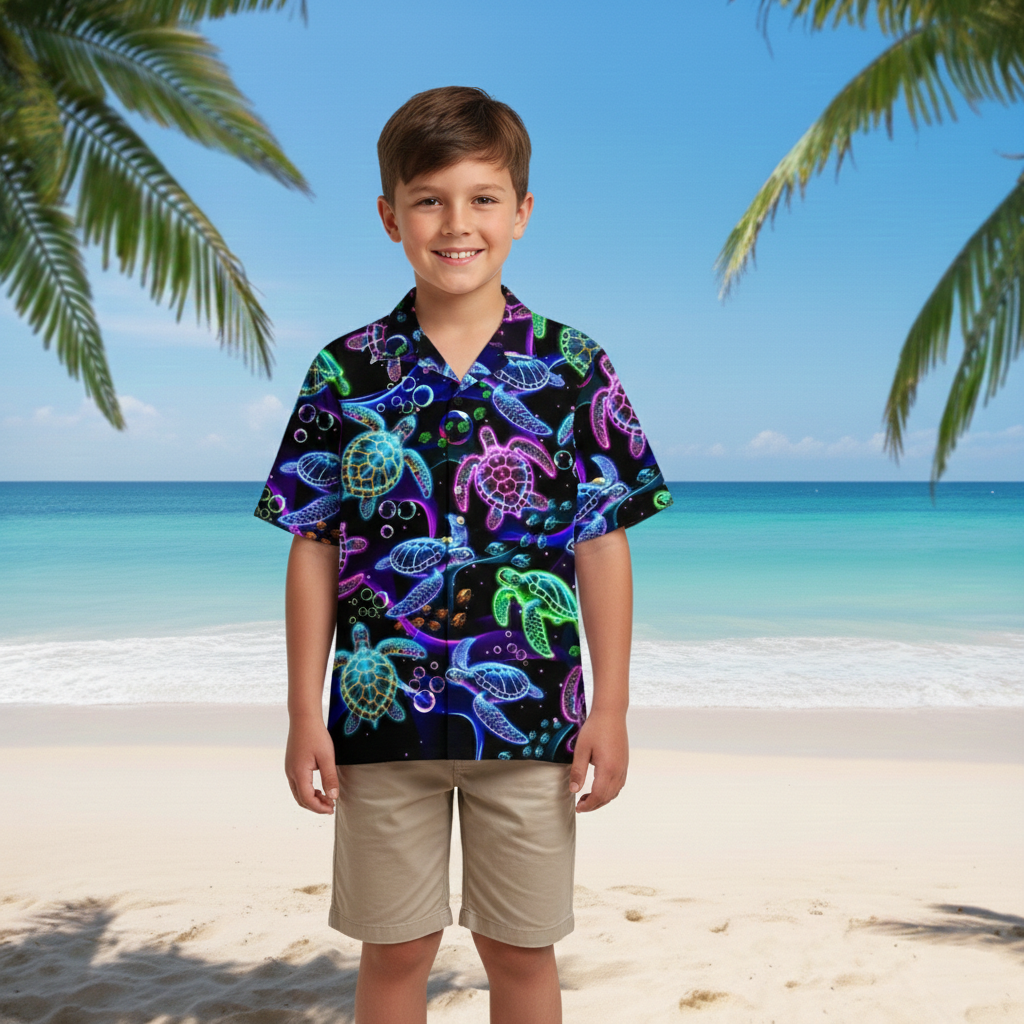 Neon Sea Turtle Tropical Hawaiian Shirt – Summer Beach Button-Up