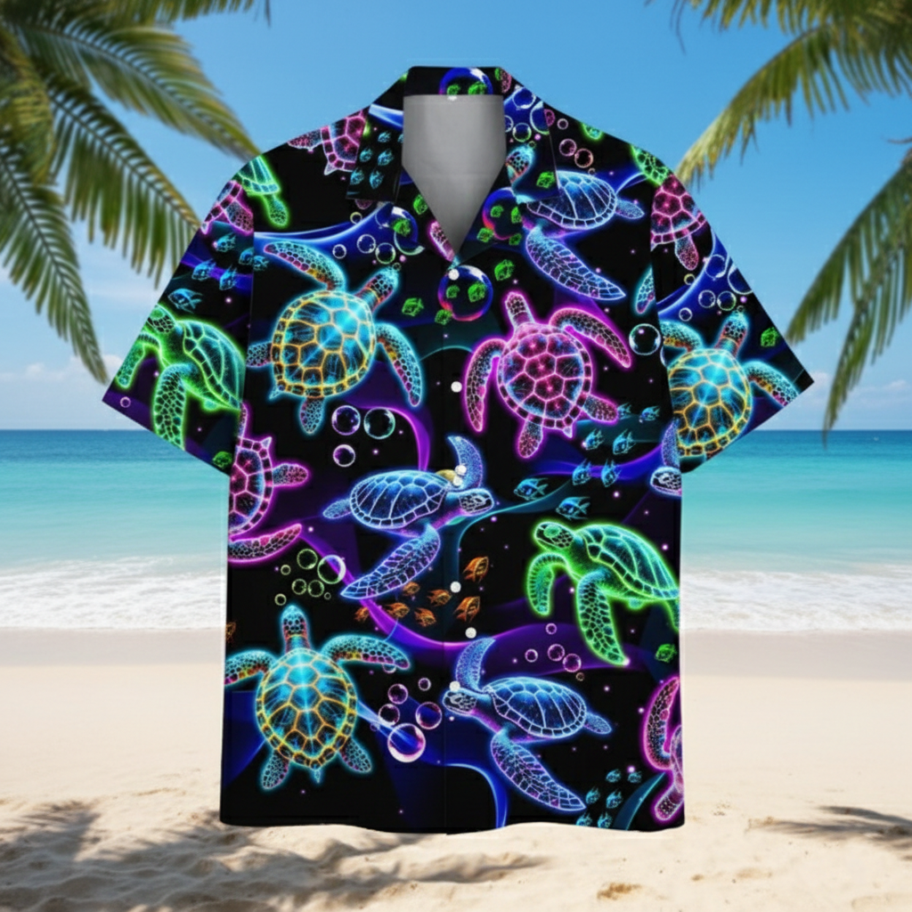 Neon Sea Turtle Tropical Hawaiian Shirt – Summer Beach Button-Up