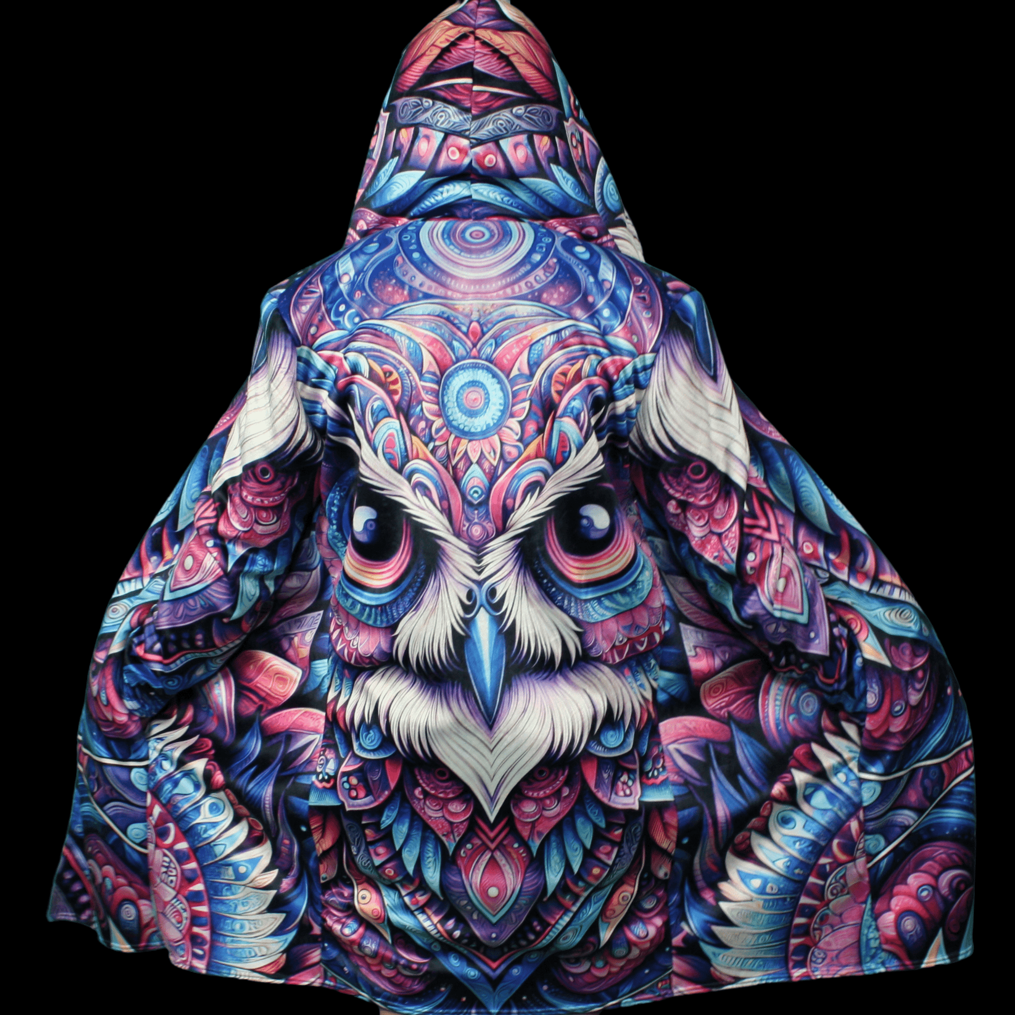 Omniscient Owl Mandala Cloak, Psychedelic Owl Hooded Coat, Vibrant Colorful Sherpa Lined Winter Jacket, Geometric Boho Outerwear