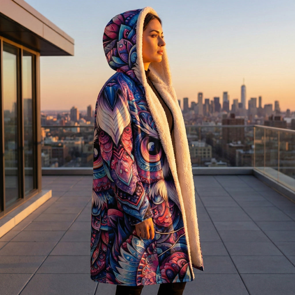 Omniscient Owl Mandala Cloak, Psychedelic Owl Hooded Coat, Vibrant Colorful Sherpa Lined Winter Jacket, Geometric Boho Outerwear