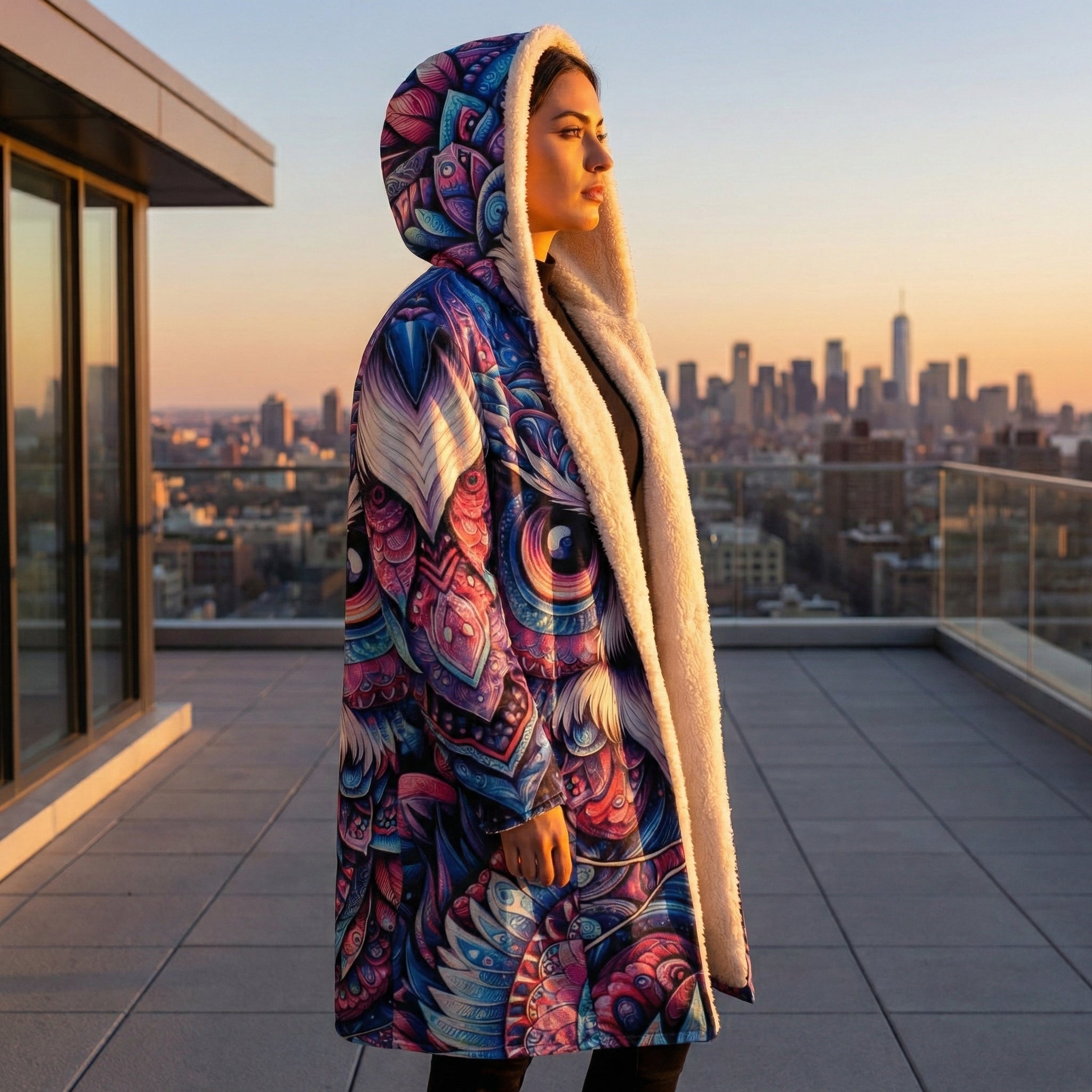 Omniscient Owl Mandala Cloak, Psychedelic Owl Hooded Coat, Vibrant Colorful Sherpa Lined Winter Jacket, Geometric Boho Outerwear