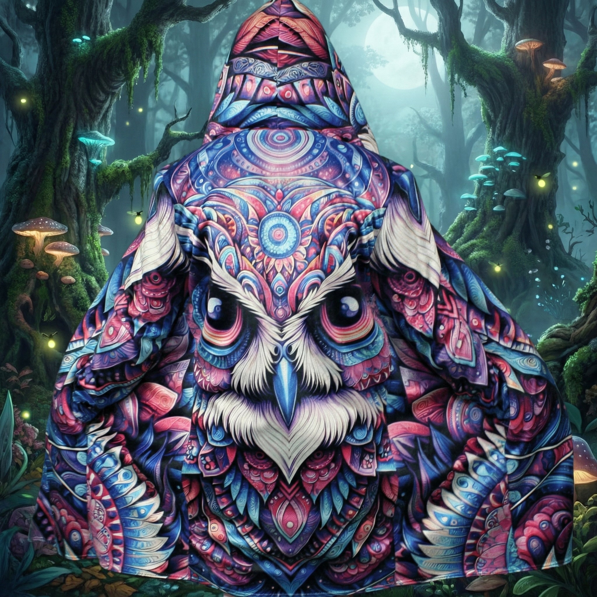 Omniscient Owl Mandala Cloak, Psychedelic Owl Hooded Coat, Vibrant Colorful Sherpa Lined Winter Jacket, Geometric Boho Outerwear