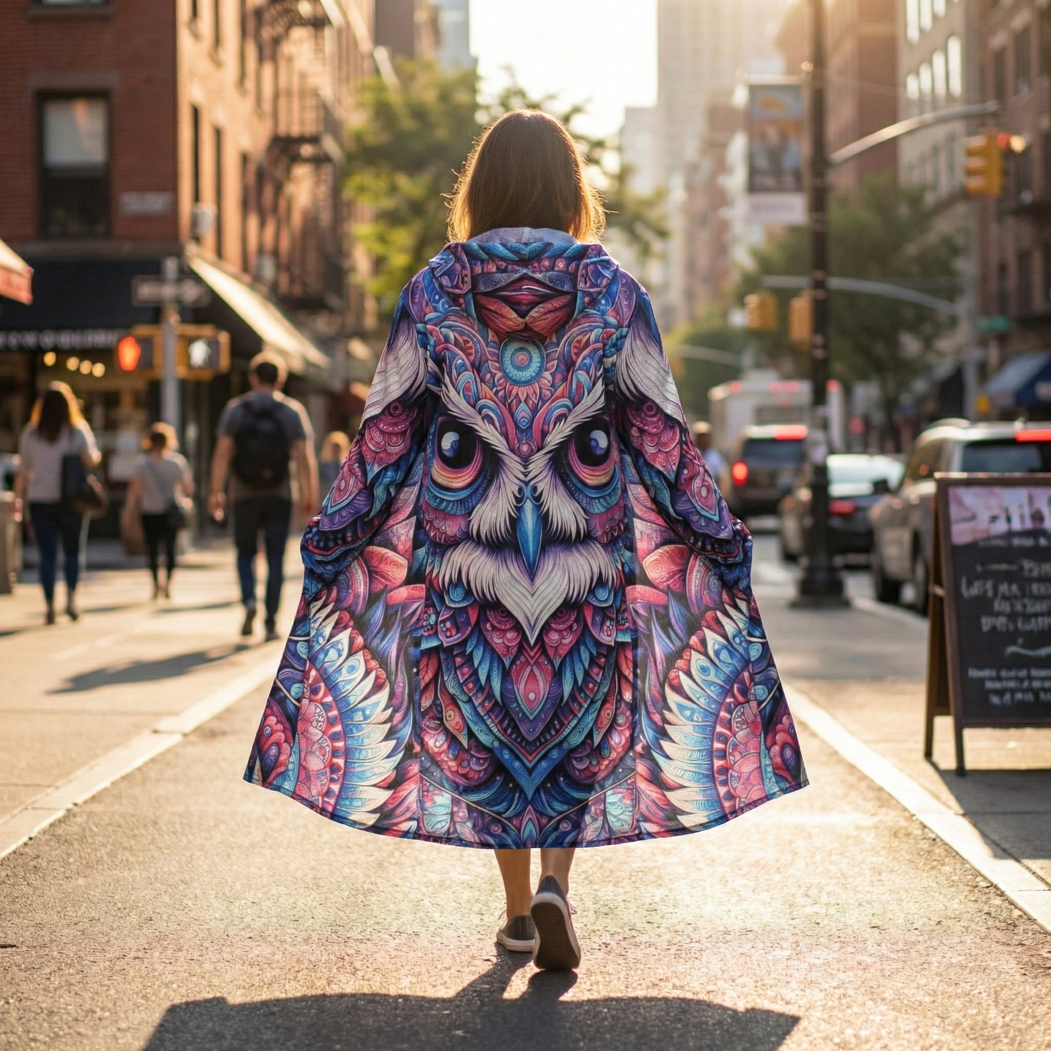 Omniscient Owl Mandala Cloak, Psychedelic Owl Hooded Coat, Vibrant Colorful Sherpa Lined Winter Jacket, Geometric Boho Outerwear