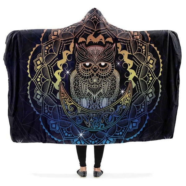 Mandala Owl Hooded Blanket – Soft Plush Fleece Throw with Mystical Owl & Moon Design, Cozy Wearable Blanket for Adults & Kids, Boho Style Gift