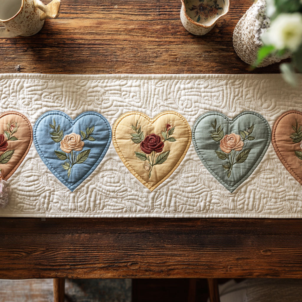 Pastel Affection Quilted Table Runner BTO2001009, Valentine’s Day Table Runner with Heart Pattern