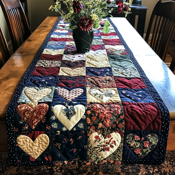 Patchwork Charm Quilted Table Runner BTO2001088, Valentine’s Day Table Runner with Heart Pattern