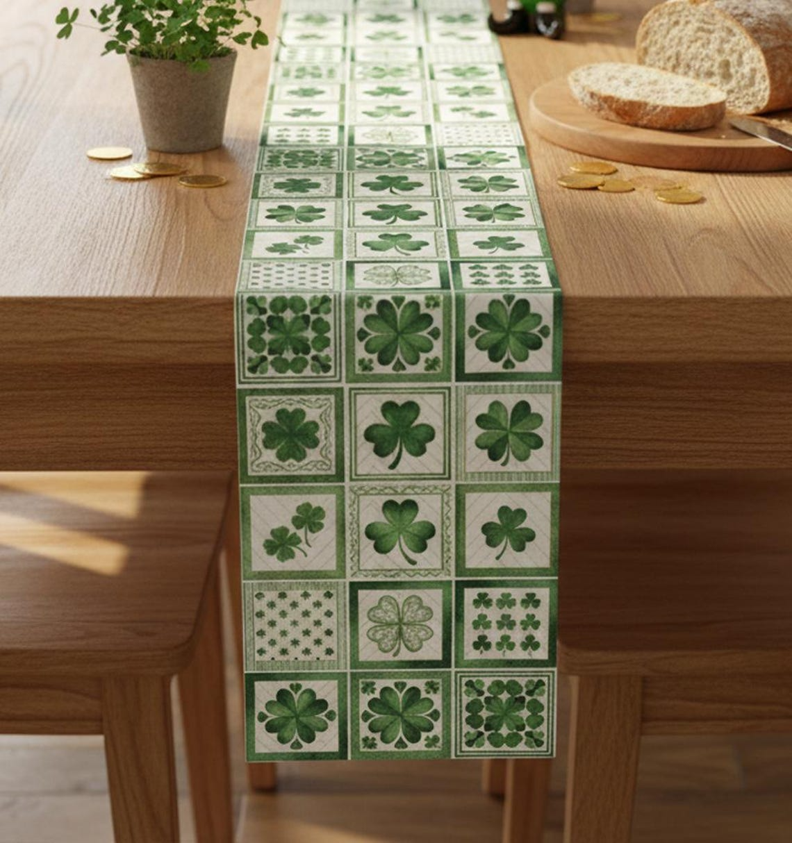 St. Patrick’s Day Quilted Table Runner – Green Shamrock Patchwork Dining Table Decor