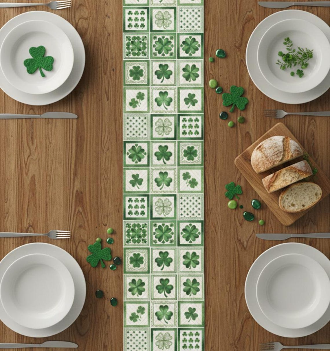 St. Patrick’s Day Quilted Table Runner – Green Shamrock Patchwork Dining Table Decor