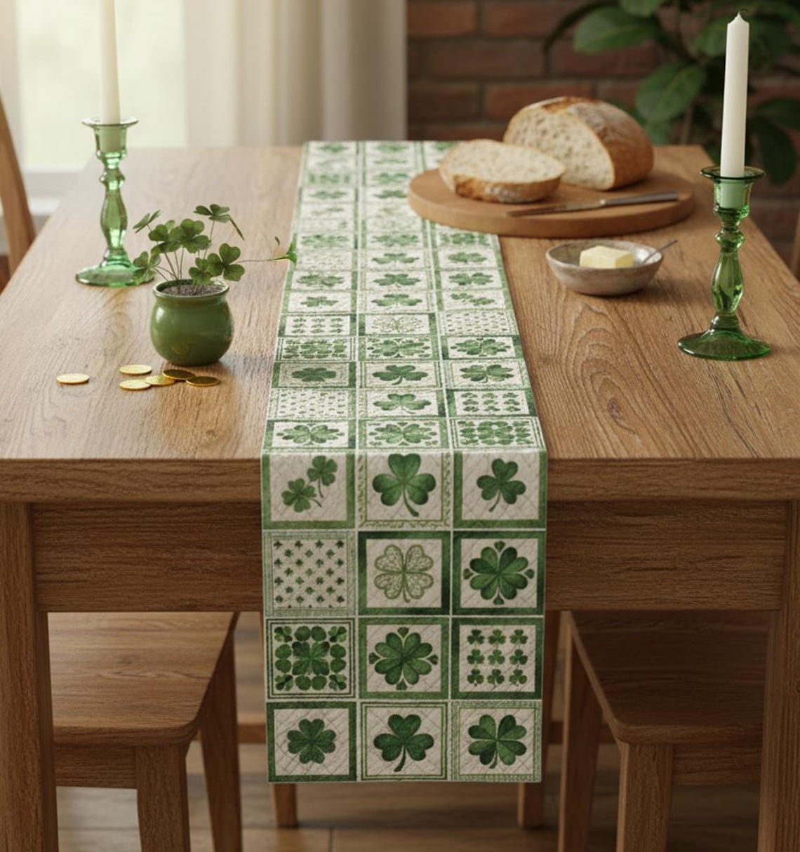 St. Patrick’s Day Quilted Table Runner – Green Shamrock Patchwork Dining Table Decor
