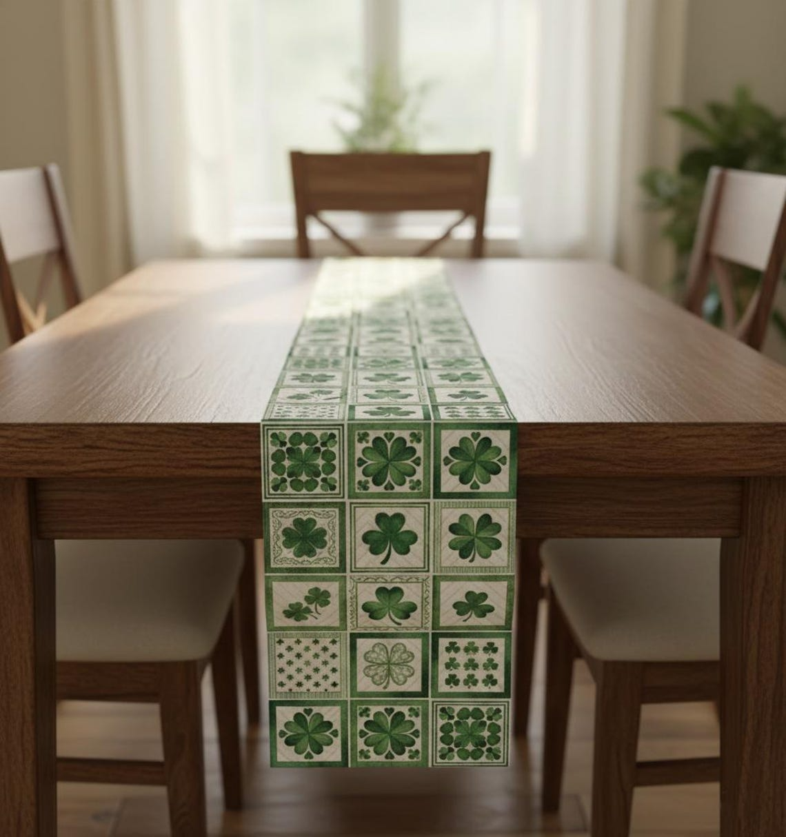 St. Patrick’s Day Quilted Table Runner – Green Shamrock Patchwork Dining Table Decor