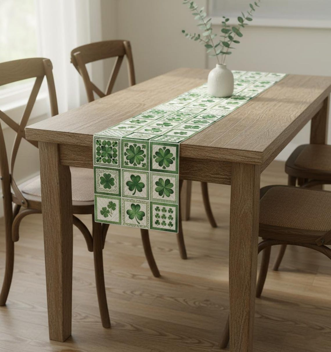 St. Patrick’s Day Quilted Table Runner – Green Shamrock Patchwork Dining Table Decor