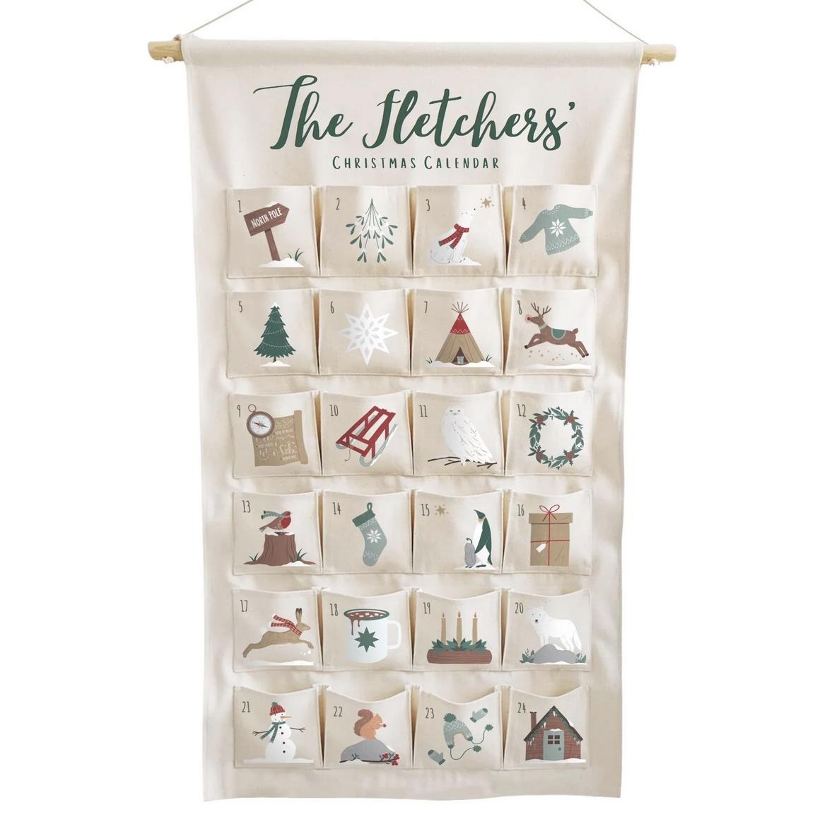 Personalized Fabric Advent Calendar, Forest Theme, Christmas Keepsake, Kids Holiday Decor, Reusable Gift Idea