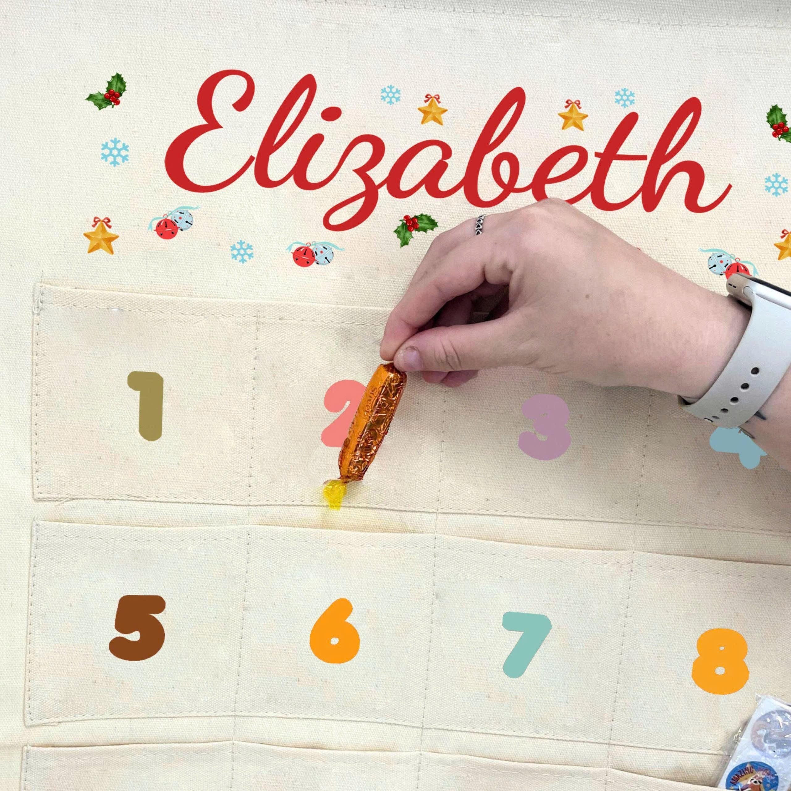 Personalized Green Christmas Tree Fabric Advent Wall Hanging Calendar, Family Countdown with 24 Ornaments by Pockets of Learning